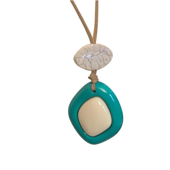 Teal Green Necklace Pendant Abstract Acrylic Faux Suede Beige Statement 1946 - Picture 2 of 6